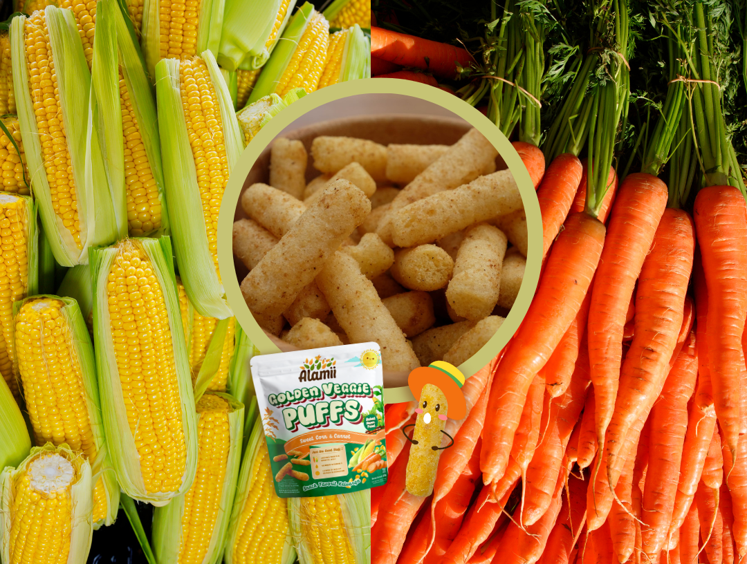 The image is an advertisement for "Golden Veggie Puffs" snacks, featuring illustrations of the ingredients like carrots and corn, along with cartoon vegetable characters, in a kid-friendly design.
